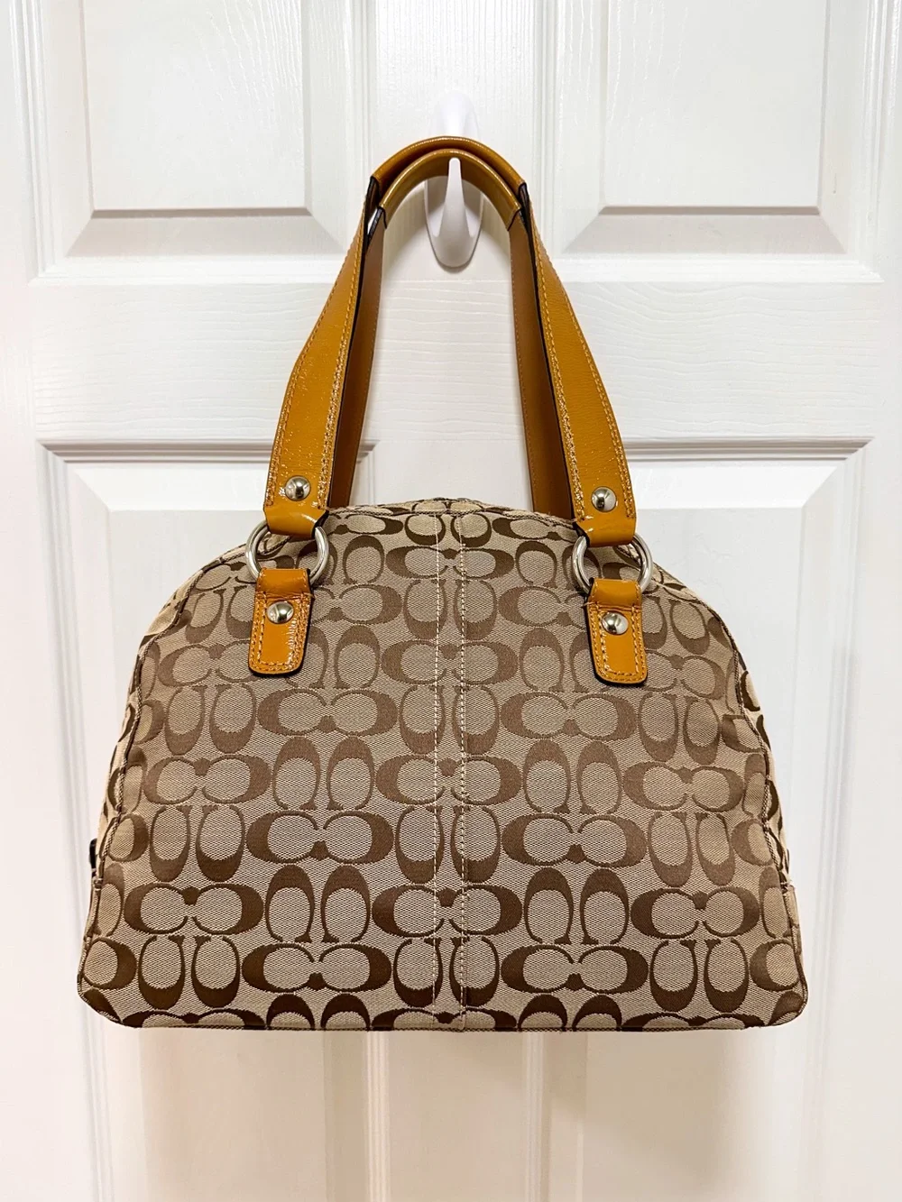 Coach Soho Buckle Large Dome Satchel Khaki Brown Monogram‎ Canvas